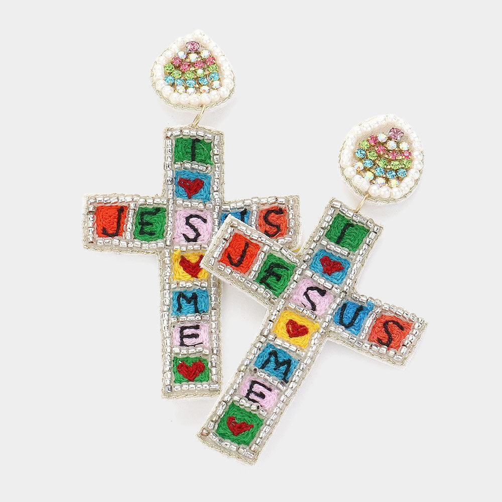 Felt Back JESUS Message Beaded Cross Dangle Earrings - Jewelry Store by Erik Rayo