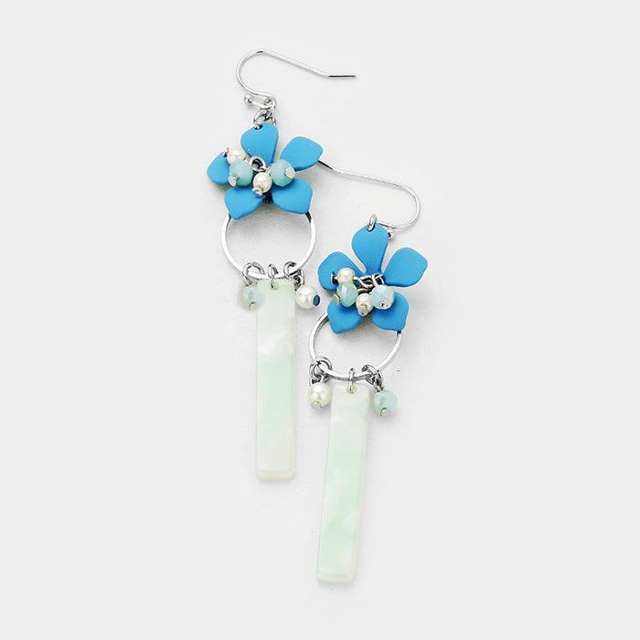 Blue Bloom Flower Celluloid Acetate Rectangle Dangle Earrings - Jewelry Store by Erik Rayo