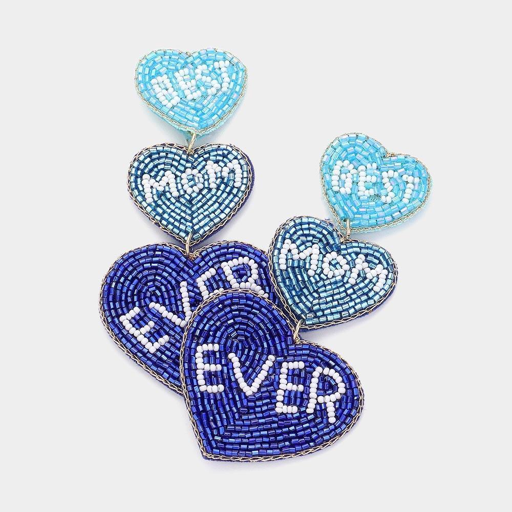 Blue Felt Back BEST MOM EVER Message Triple Heart Beaded Dropdown Earrings - Jewelry Store by Erik Rayo
