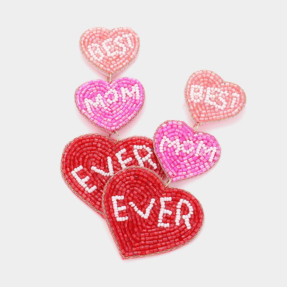 Pink Felt Back BEST MOM EVER Message Triple Heart Beaded Dropdown Earrings