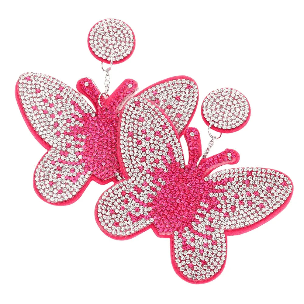 Fuchsia Felt Back Bling Butterfly Dangle Earrings - Jewelry Store by Erik Rayo