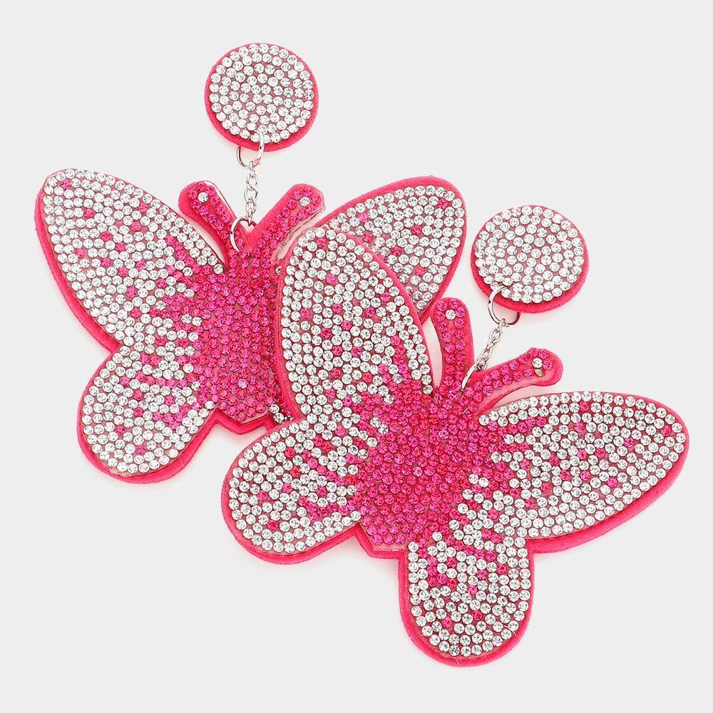 Fuchsia Felt Back Bling Butterfly Dangle Earrings - Jewelry Store by Erik Rayo