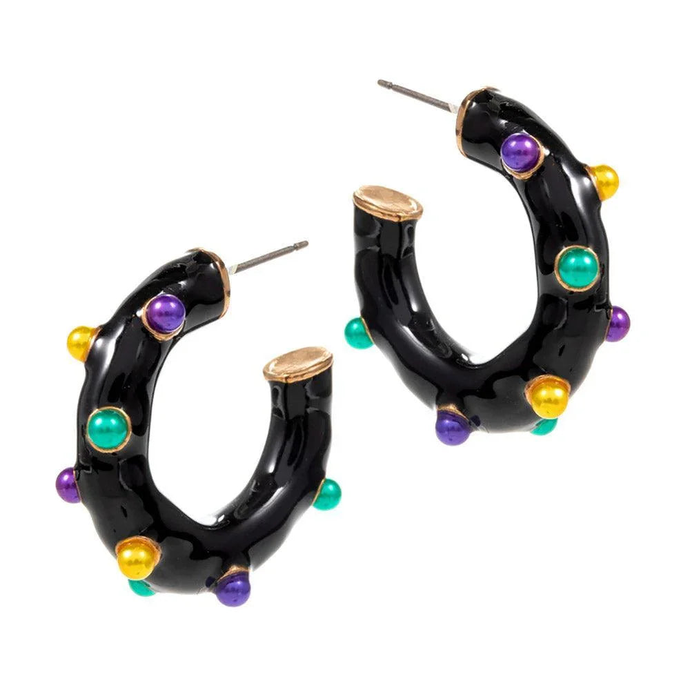 Black Mardi Gras Pearl Embellished Hoop Earrings - Jewelry Store by Erik Rayo