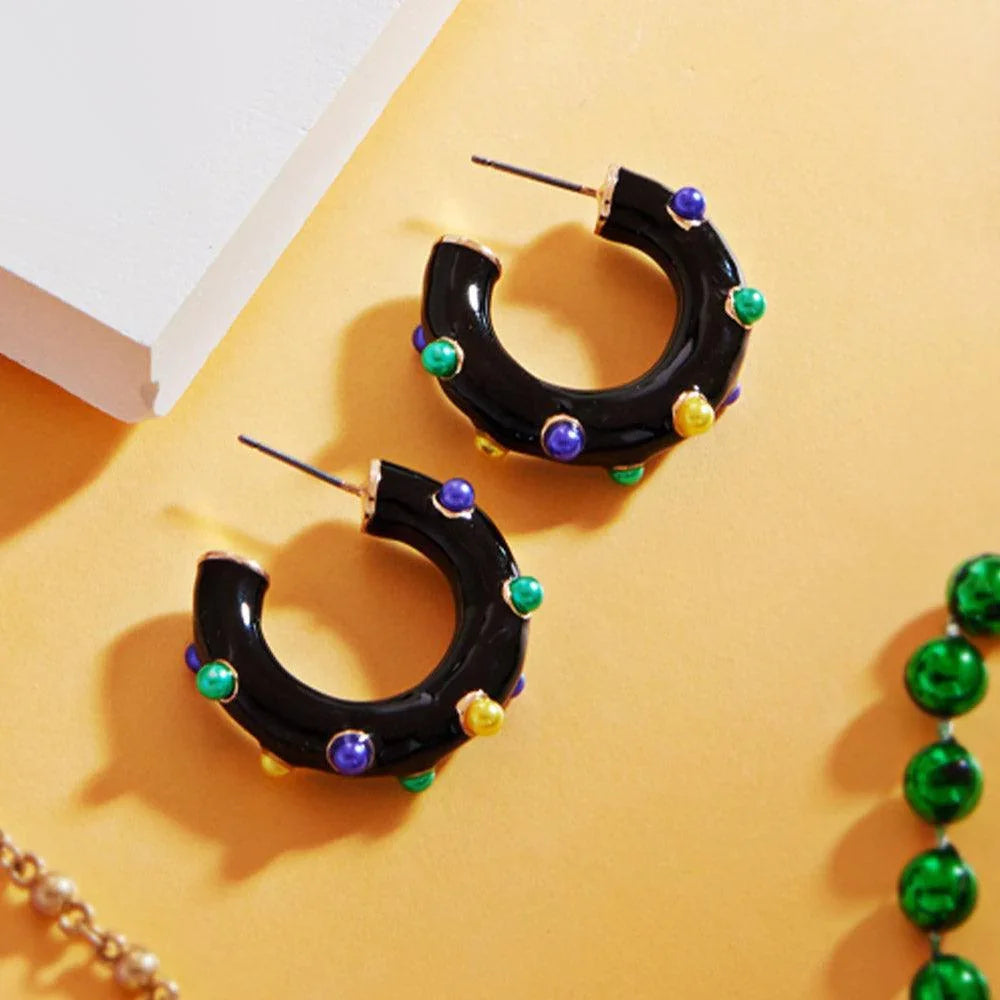Black Mardi Gras Pearl Embellished Hoop Earrings - Jewelry Store by Erik Rayo