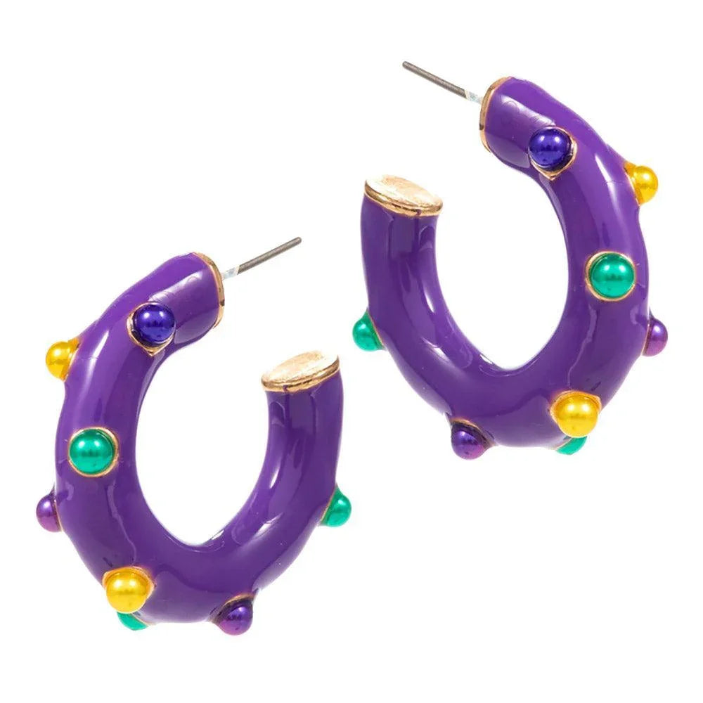 Purple Mardi Gras Pearl Embellished Hoop Earrings - Jewelry Store by Erik Rayo