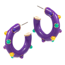 Load image into Gallery viewer, Purple Mardi Gras Pearl Embellished Hoop Earrings
