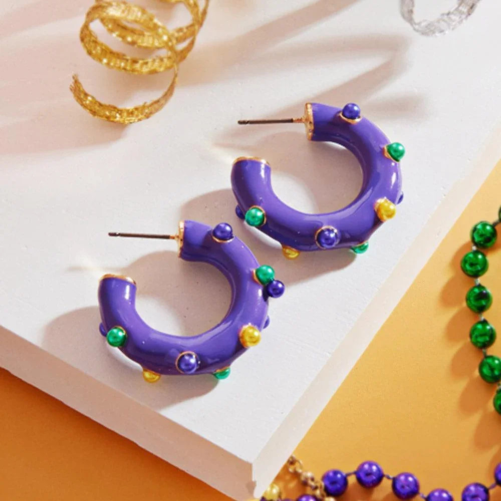 Purple Mardi Gras Pearl Embellished Hoop Earrings - Jewelry Store by Erik Rayo