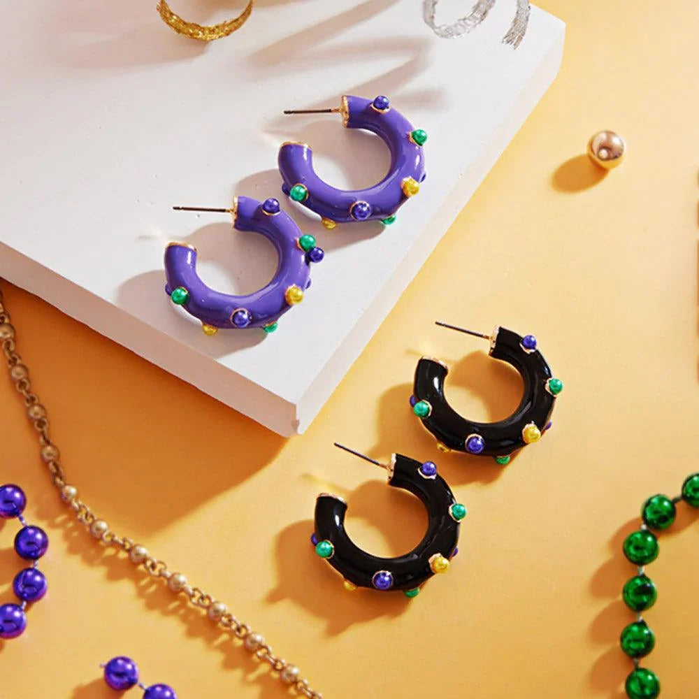 Purple Mardi Gras Pearl Embellished Hoop Earrings - Jewelry Store by Erik Rayo