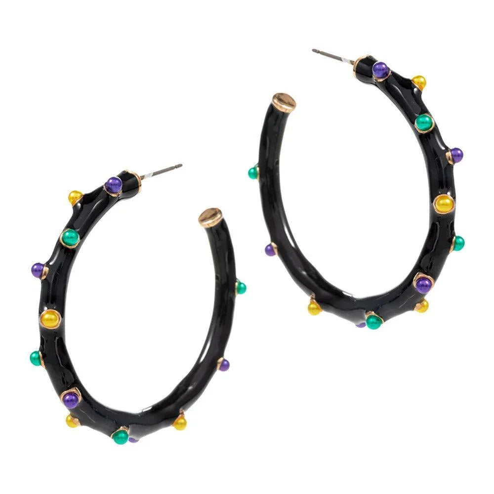 Black Mardi Gras Pearl Embellished Hoop Earrings - Jewelry Store by Erik Rayo