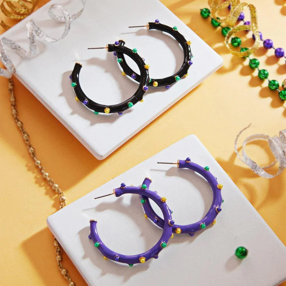 Black Mardi Gras Pearl Embellished Hoop Earrings - Jewelry Store by Erik Rayo