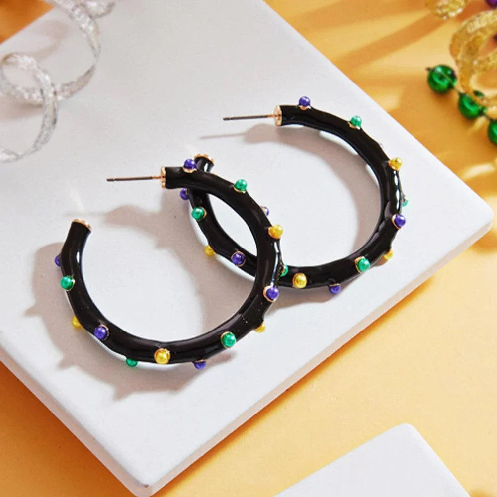 Black Mardi Gras Pearl Embellished Hoop Earrings - Jewelry Store by Erik Rayo