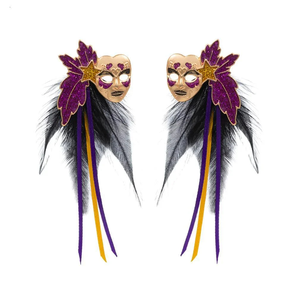 Black Mardi Gras Masquerade Mask Feather Earrings - Jewelry Store by Erik Rayo