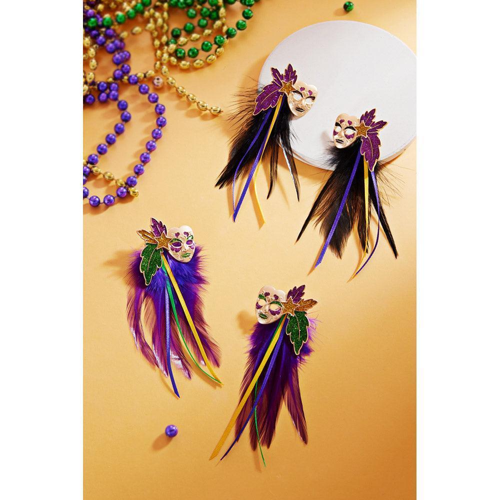 Black Mardi Gras Masquerade Mask Feather Earrings - Jewelry Store by Erik Rayo