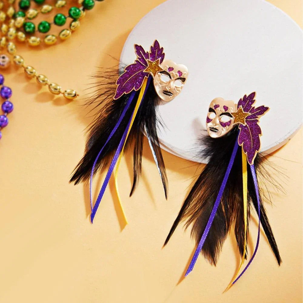 Black Mardi Gras Masquerade Mask Feather Earrings - Jewelry Store by Erik Rayo