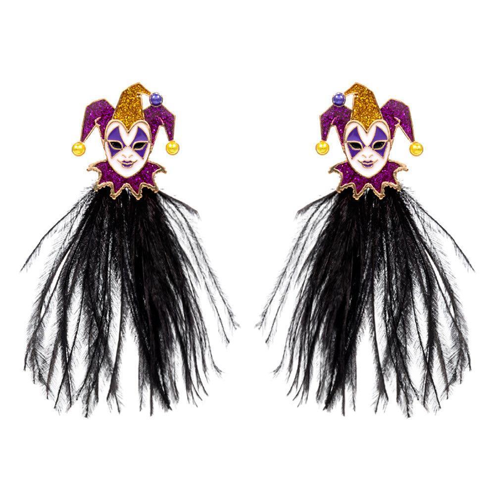 Black Mardi Gras Glittered Jester Pierrot Feather Earrings - Jewelry Store by Erik Rayo