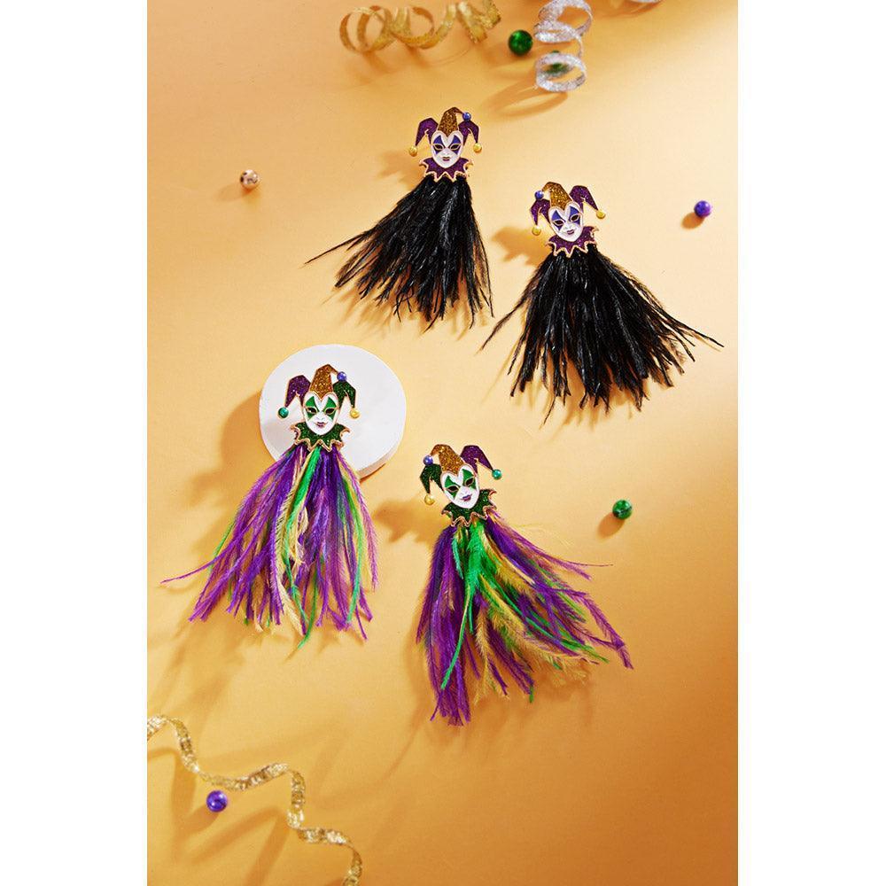 Black Mardi Gras Glittered Jester Pierrot Feather Earrings - Jewelry Store by Erik Rayo