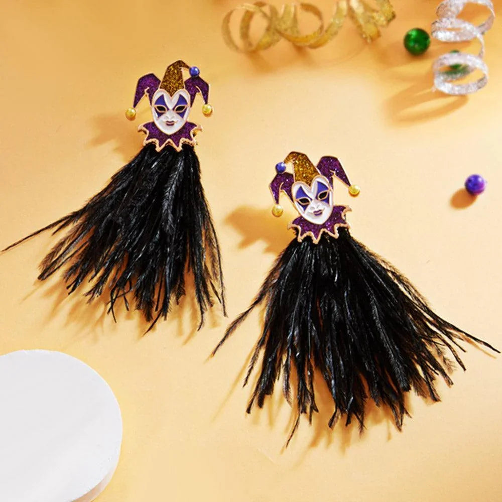 Black Mardi Gras Glittered Jester Pierrot Feather Earrings - Jewelry Store by Erik Rayo