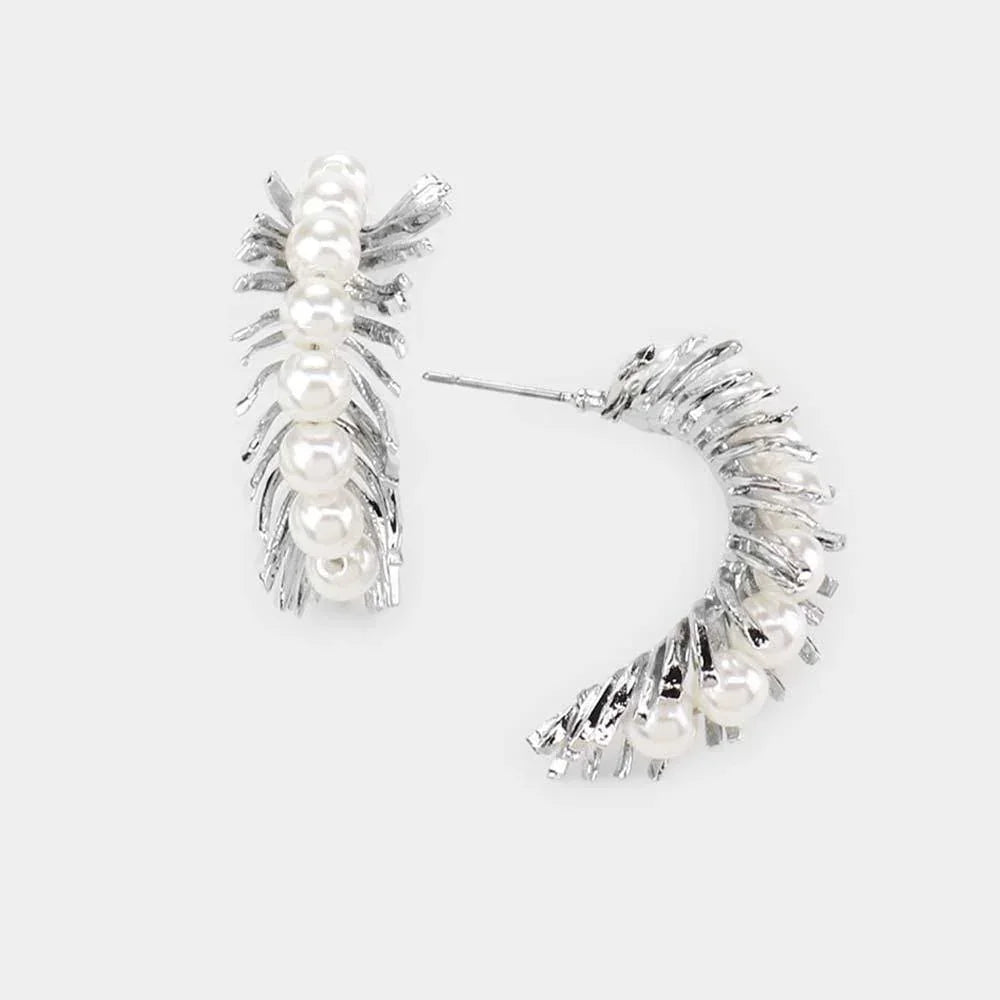 Brass Metal Pearl Accented Leaf Earrings - Jewelry Store by Erik Rayo