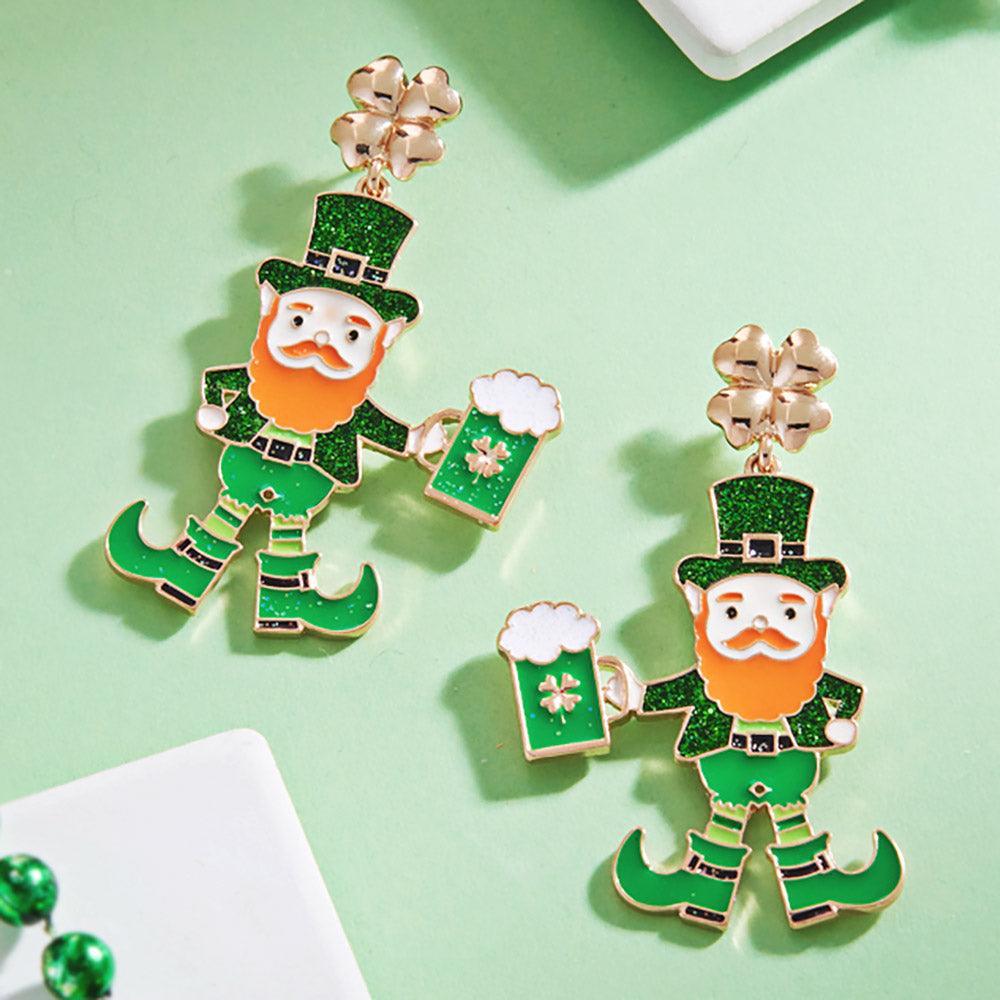 Green St Patricks Day Enamel Leprechaun Dangle Earrings