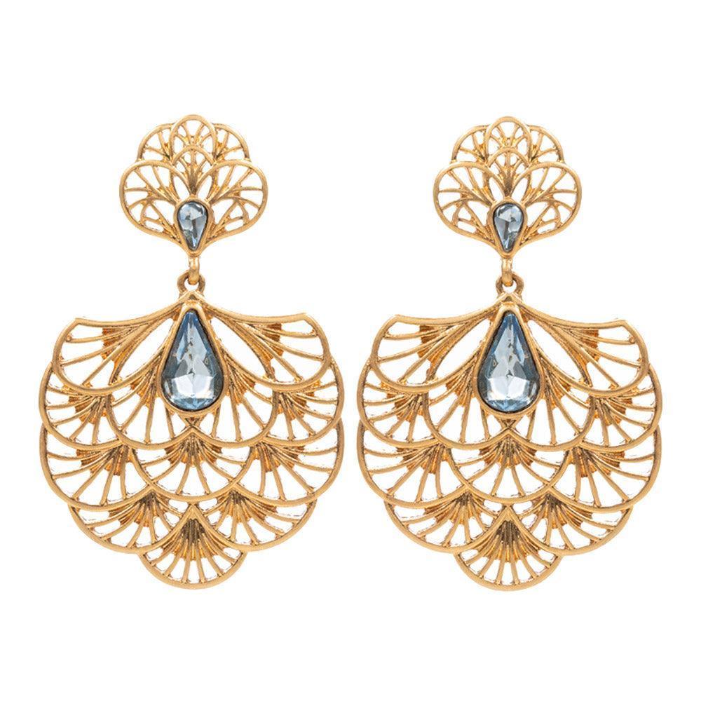 Gold Teardrop Stone Embellished Metal Chandelier Filigree Dangle Earrings - Jewelry Store by Erik Rayo