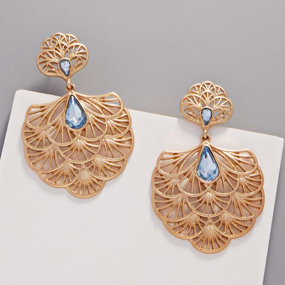 Gold Teardrop Stone Embellished Metal Chandelier Filigree Dangle Earrings