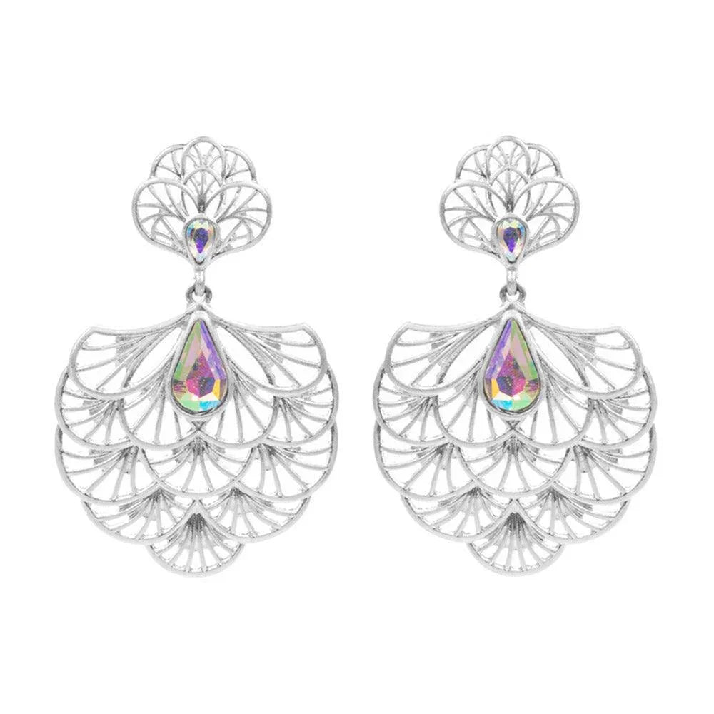 Silver Teardrop Stone Embellished Metal Chandelier Filigree Dangle Earrings - Jewelry Store by Erik Rayo