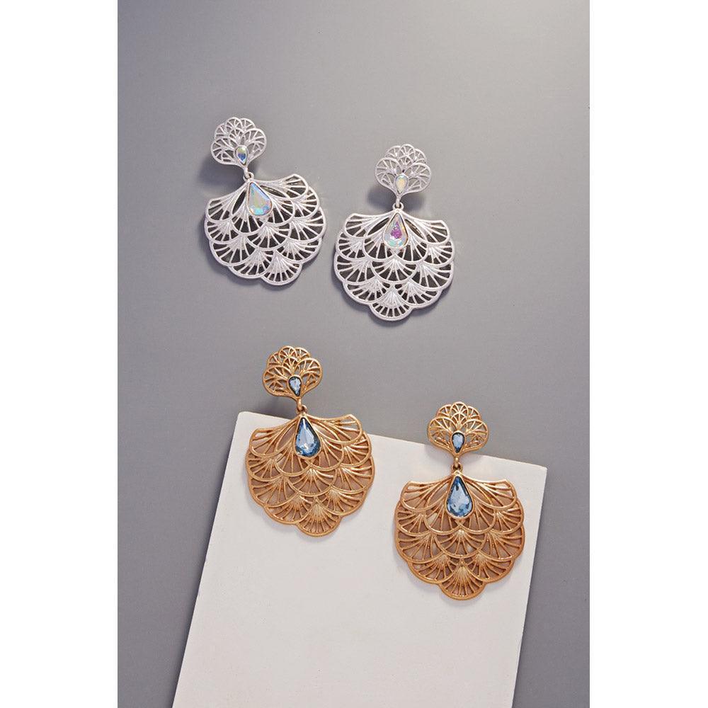 Silver Teardrop Stone Embellished Metal Chandelier Filigree Dangle Earrings - Jewelry Store by Erik Rayo