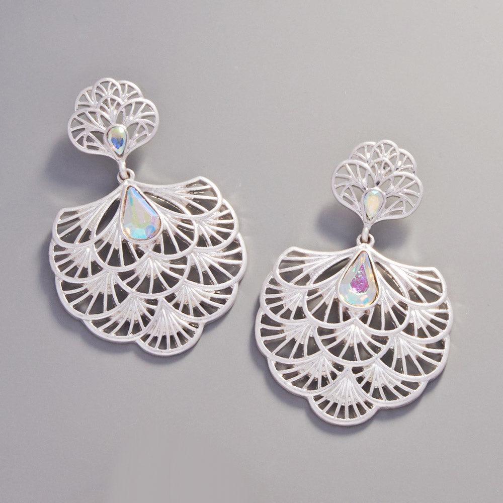 Silver Teardrop Stone Embellished Metal Chandelier Filigree Dangle Earrings - Jewelry Store by Erik Rayo
