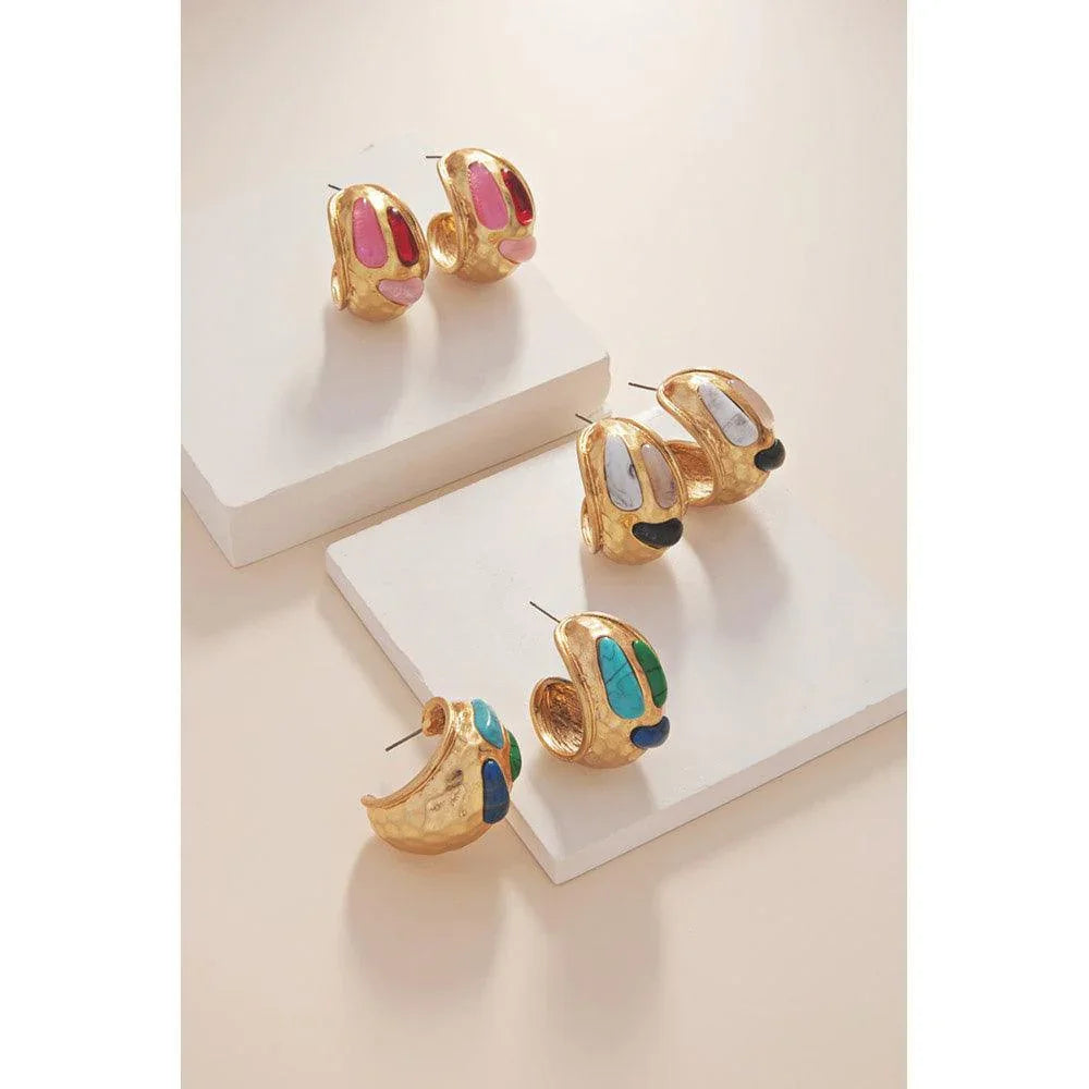 Natural Stone Accented Hammered Metal Hoop Earrings - Jewelry Store by Erik Rayo