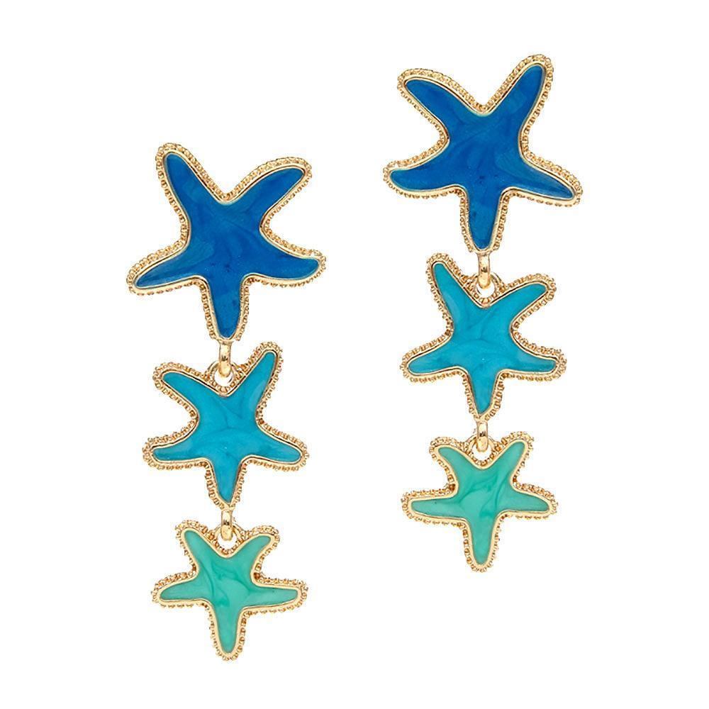 Blue Triple Enamel Starfish Link Earrings - Jewelry Store by Erik Rayo