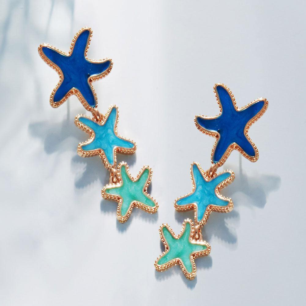Blue Triple Enamel Starfish Link Earrings - Jewelry Store by Erik Rayo