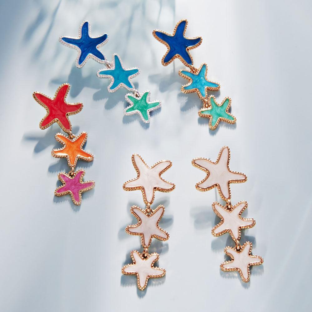Blue Triple Enamel Starfish Link Earrings - Jewelry Store by Erik Rayo