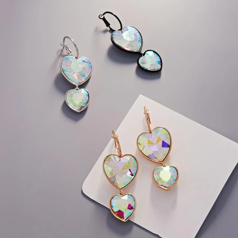 Black Crystal Stone Double Heart Link Dropdown Earrings - Jewelry Store by Erik Rayo