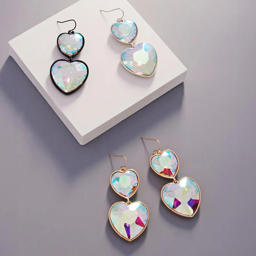 Crystal Stone Double Heart Link Dropdown Earrings - Jewelry Store by Erik Rayo