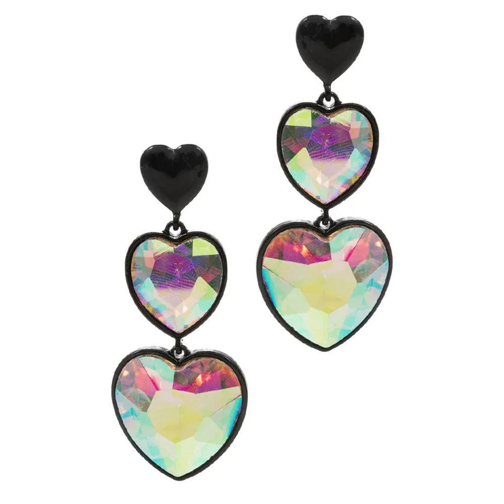 Black Crystal Stone Double Heart Link Dropdown Earrings - Jewelry Store by Erik Rayo