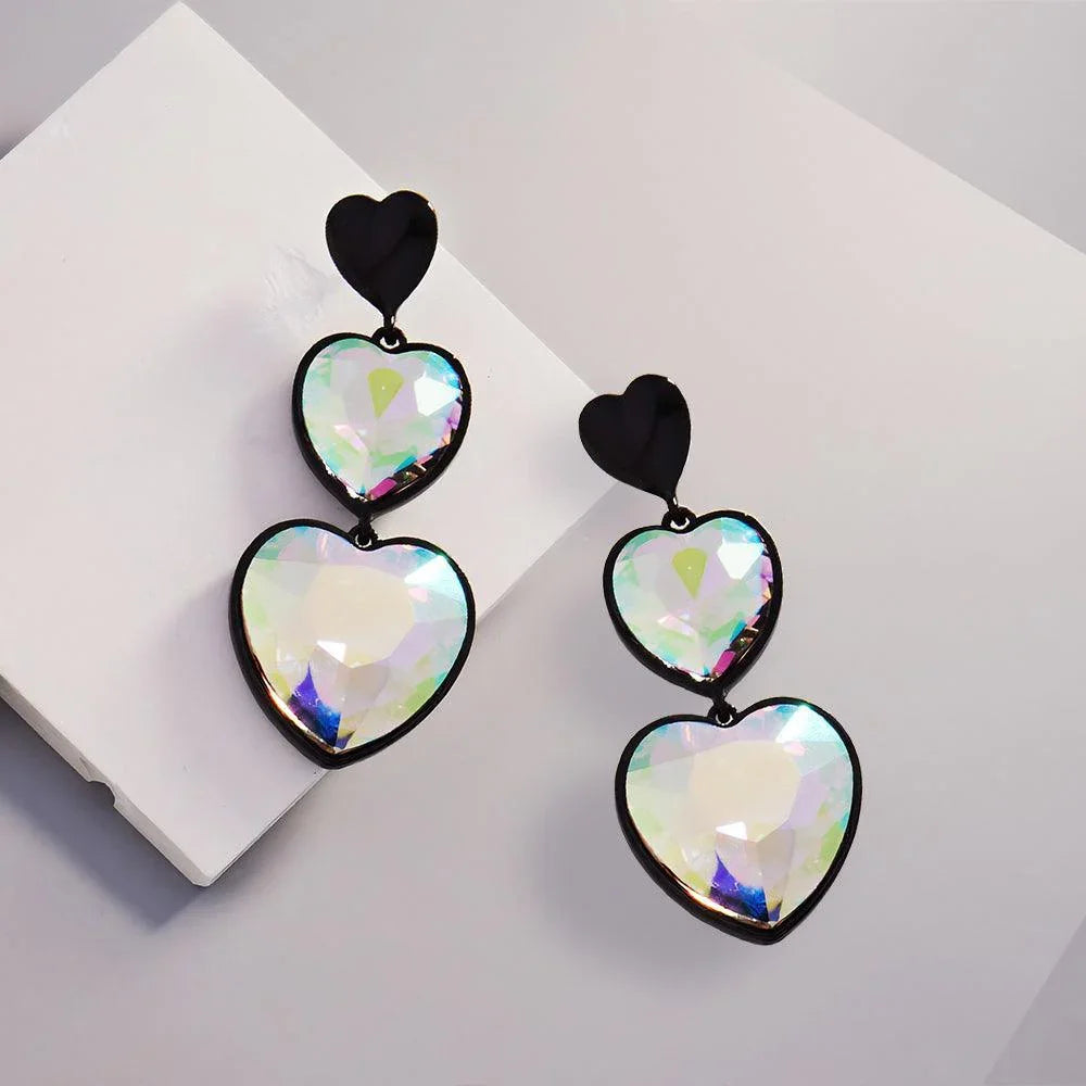 Black Crystal Stone Double Heart Link Dropdown Earrings - Jewelry Store by Erik Rayo