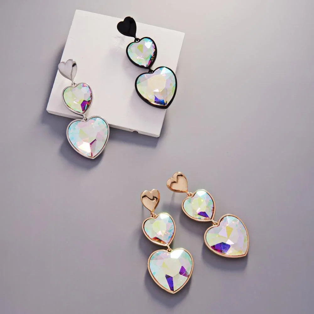Crystal Stone Double Heart Link Dropdown Earrings - Jewelry Store by Erik Rayo