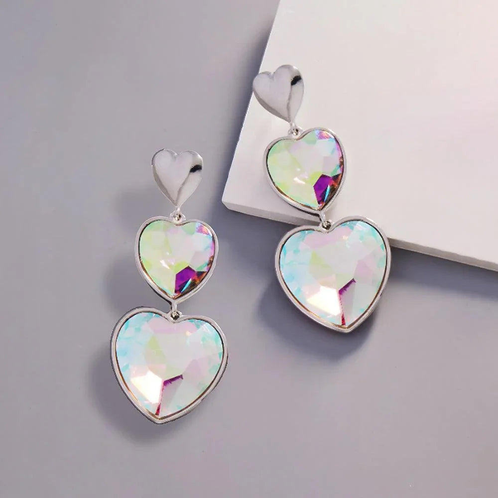 Crystal Stone Double Heart Link Dropdown Earrings - Jewelry Store by Erik Rayo