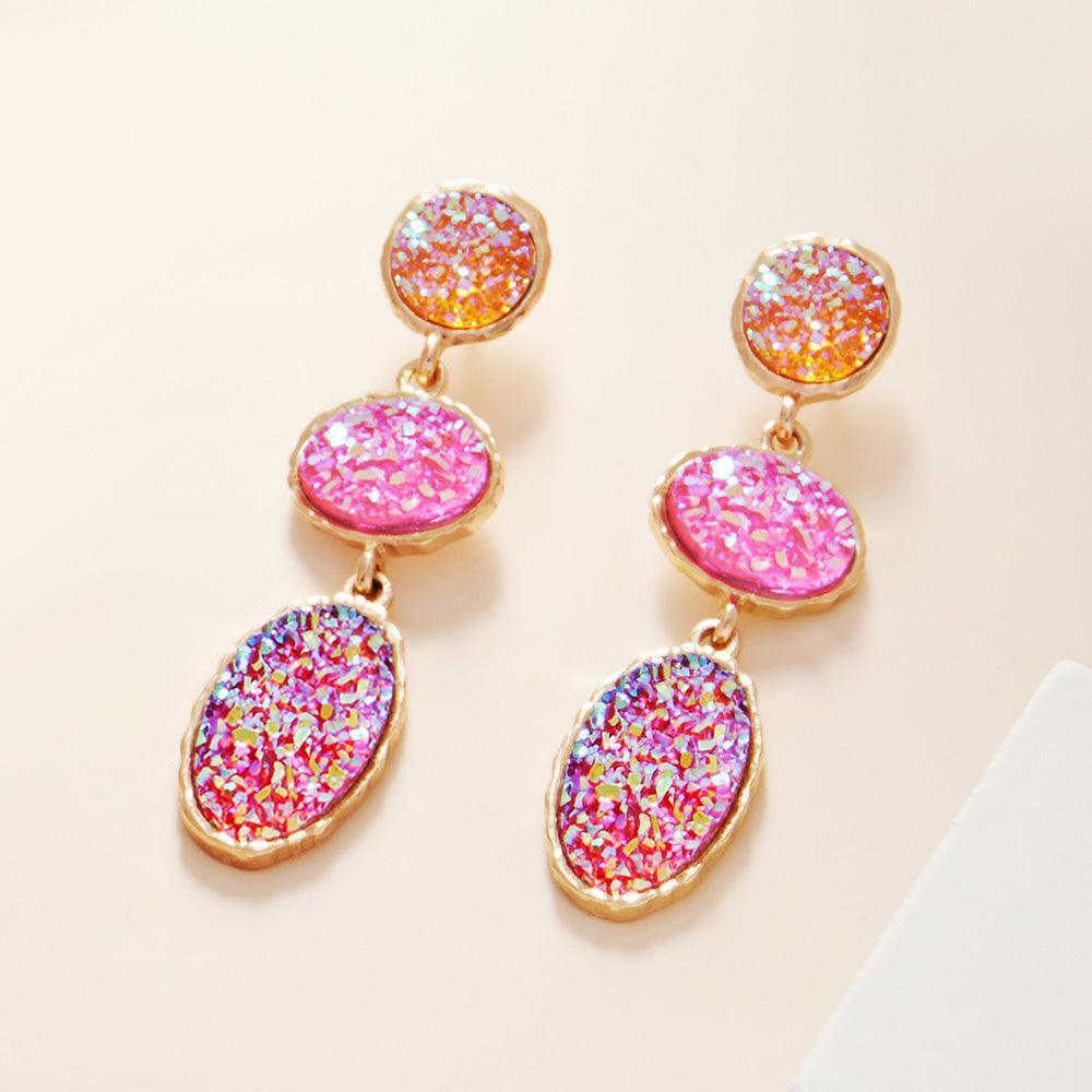 Pink Triple Druzy Cluster Dropdown Earrings - Jewelry Store by Erik Rayo