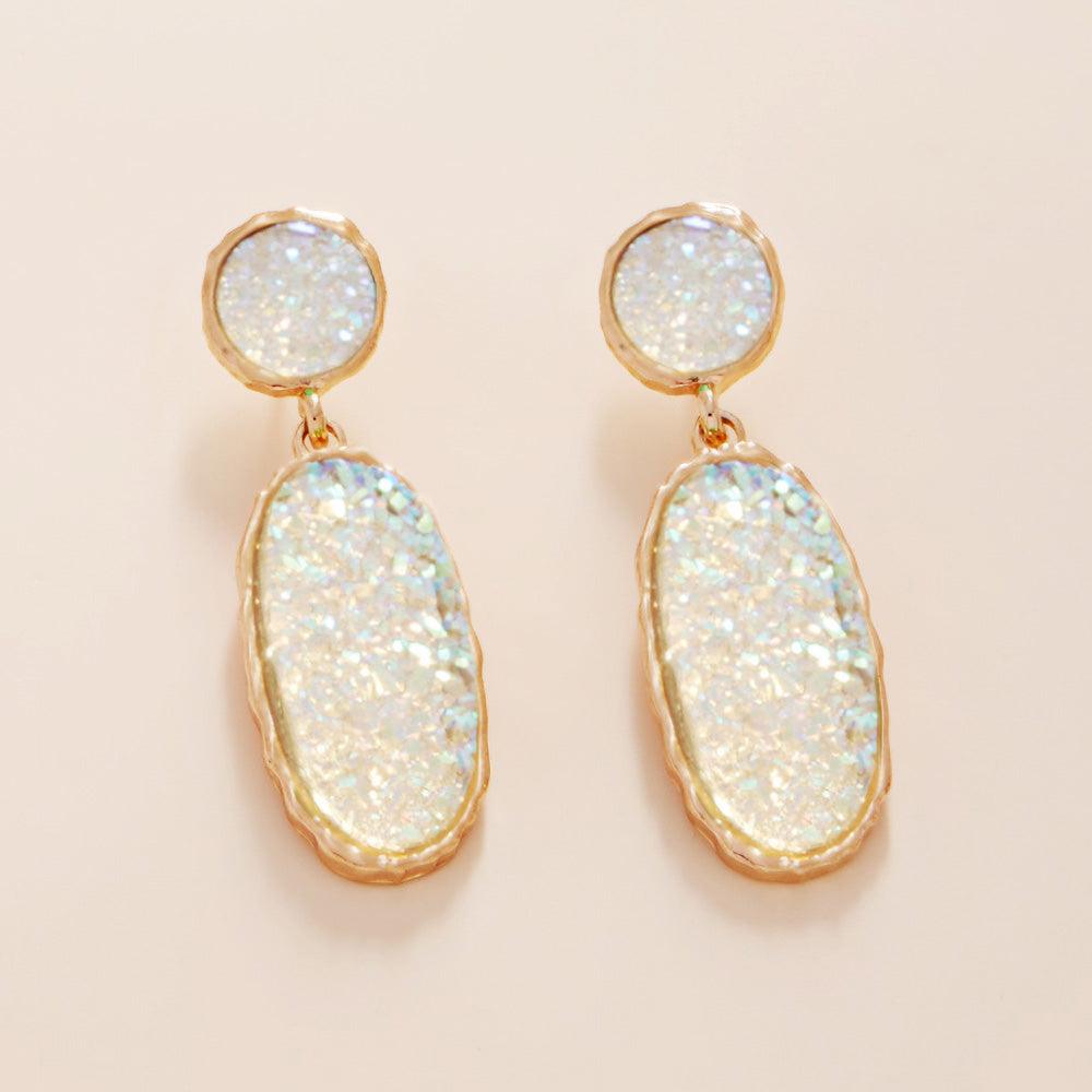 White Oval Druzy Cluster Dangle Earrings