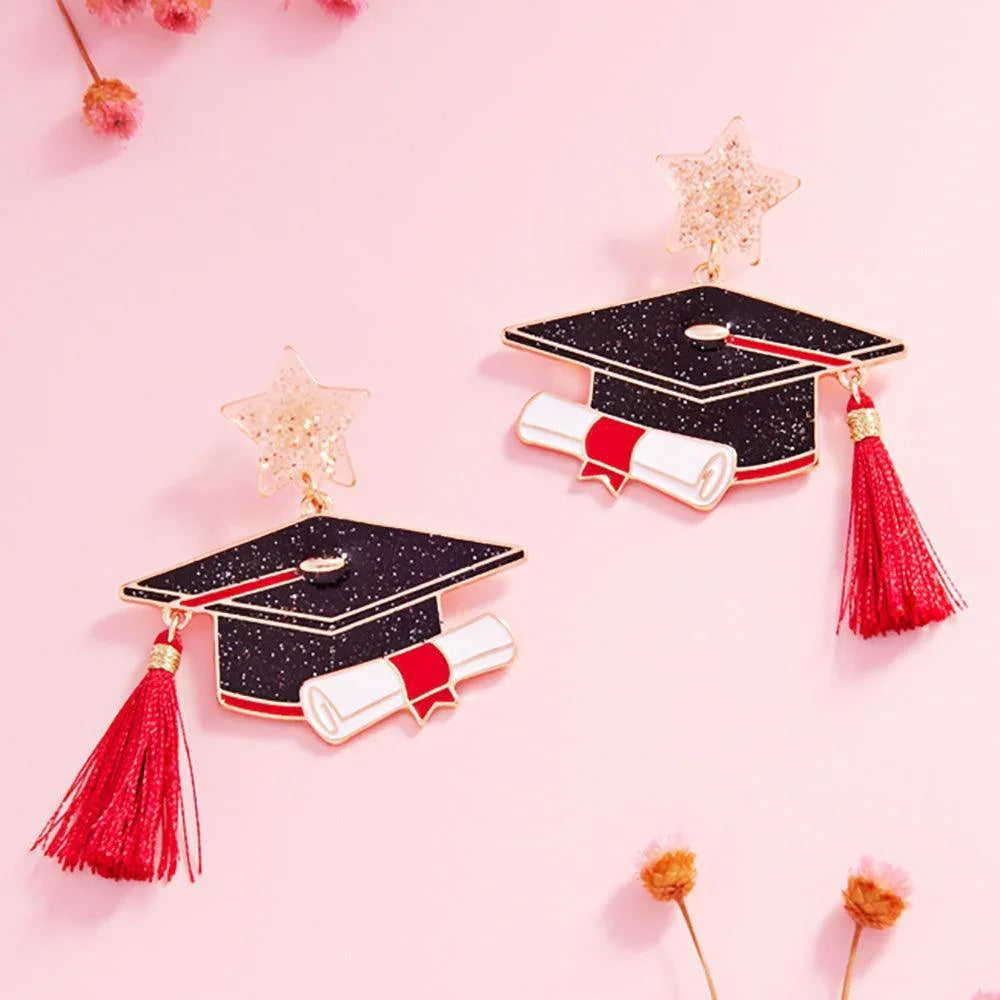 Black Enamel Graduation Hat Dangle Earrings - Jewelry Store by Erik Rayo