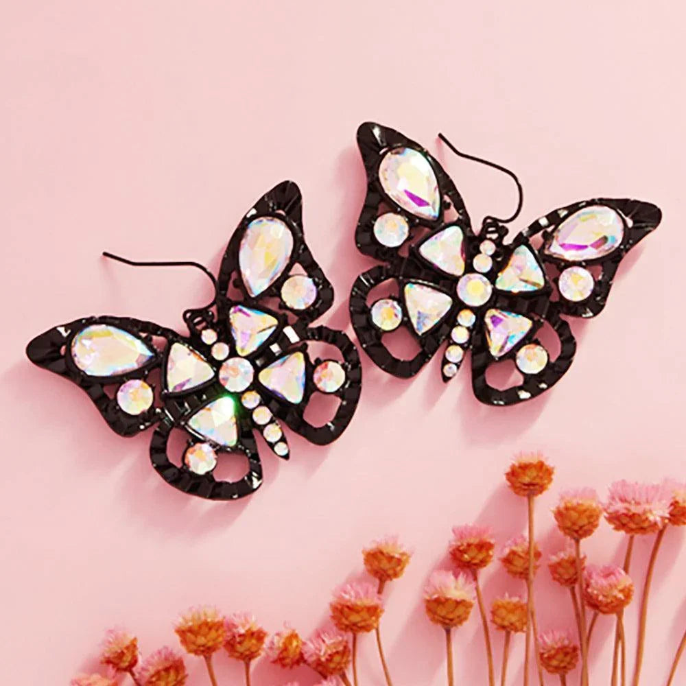 Black Stone Embellished Butterfly Dangle Earrings - Jewelry Store by Erik Rayo
