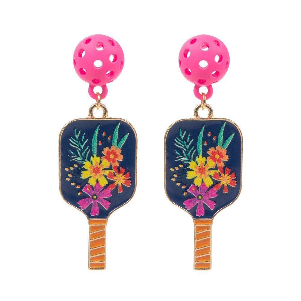 Enamel Flower Pickle Ball Paddle Dangle Earrings - Jewelry Store by Erik Rayo