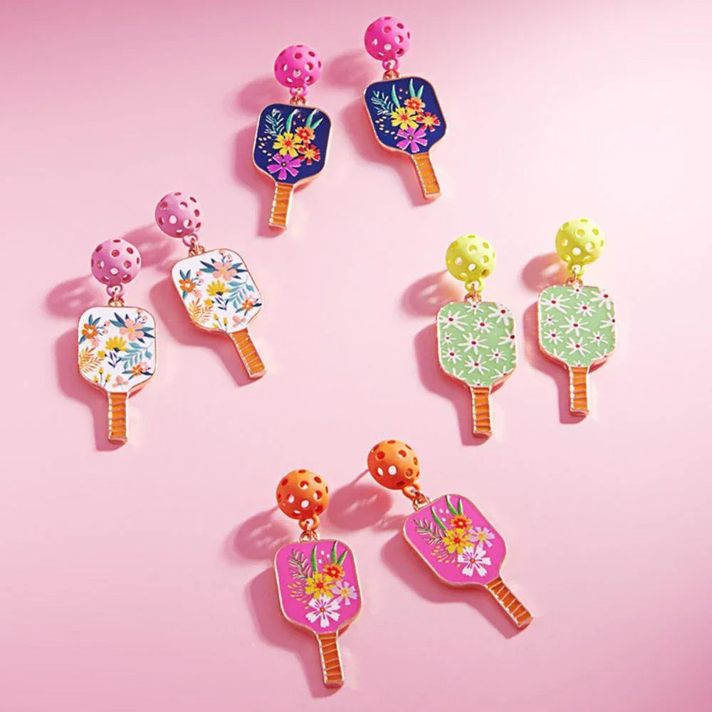 Enamel Flower Pickle Ball Paddle Dangle Earrings - Jewelry Store by Erik Rayo