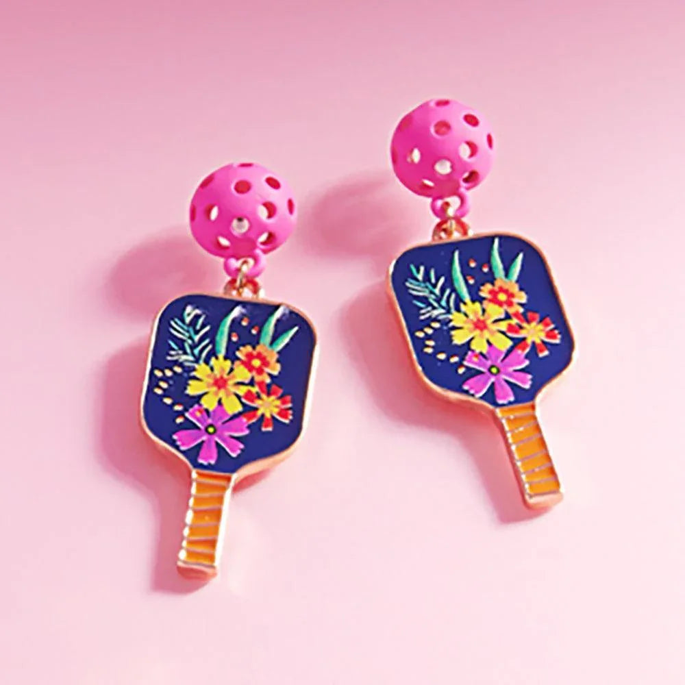 Enamel Flower Pickle Ball Paddle Dangle Earrings - Jewelry Store by Erik Rayo