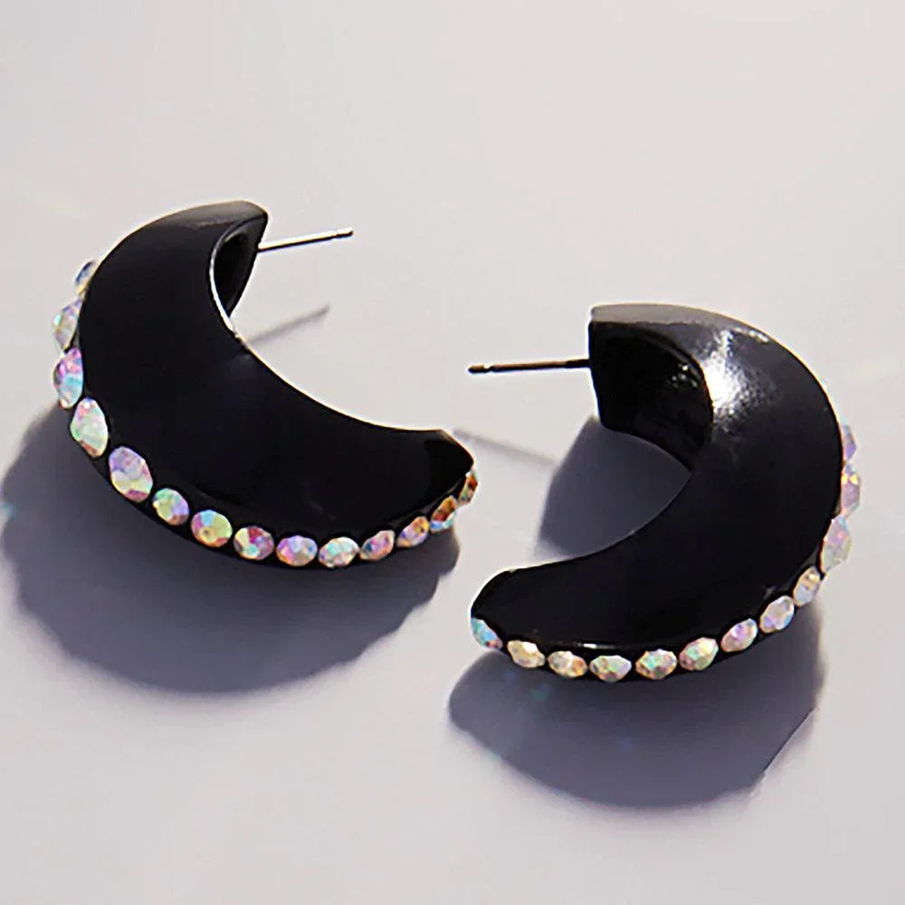 Black Center Rhinestone Line Accented Chunky Crescent Hoop Earrings - Jewelry Store by Erik Rayo
