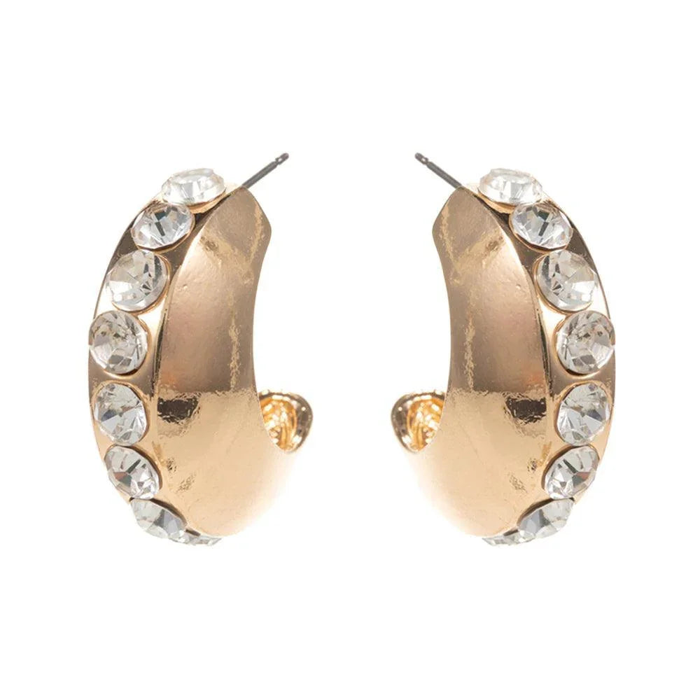 Clear Center Rhinestone Line Accented Chunky Crescent Hoop Earrings - Jewelry Store by Erik Rayo