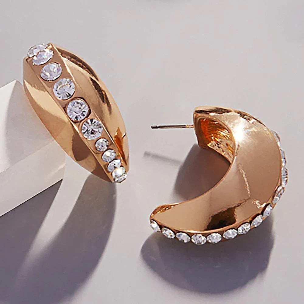 Clear Center Rhinestone Line Accented Chunky Crescent Hoop Earrings - Jewelry Store by Erik Rayo