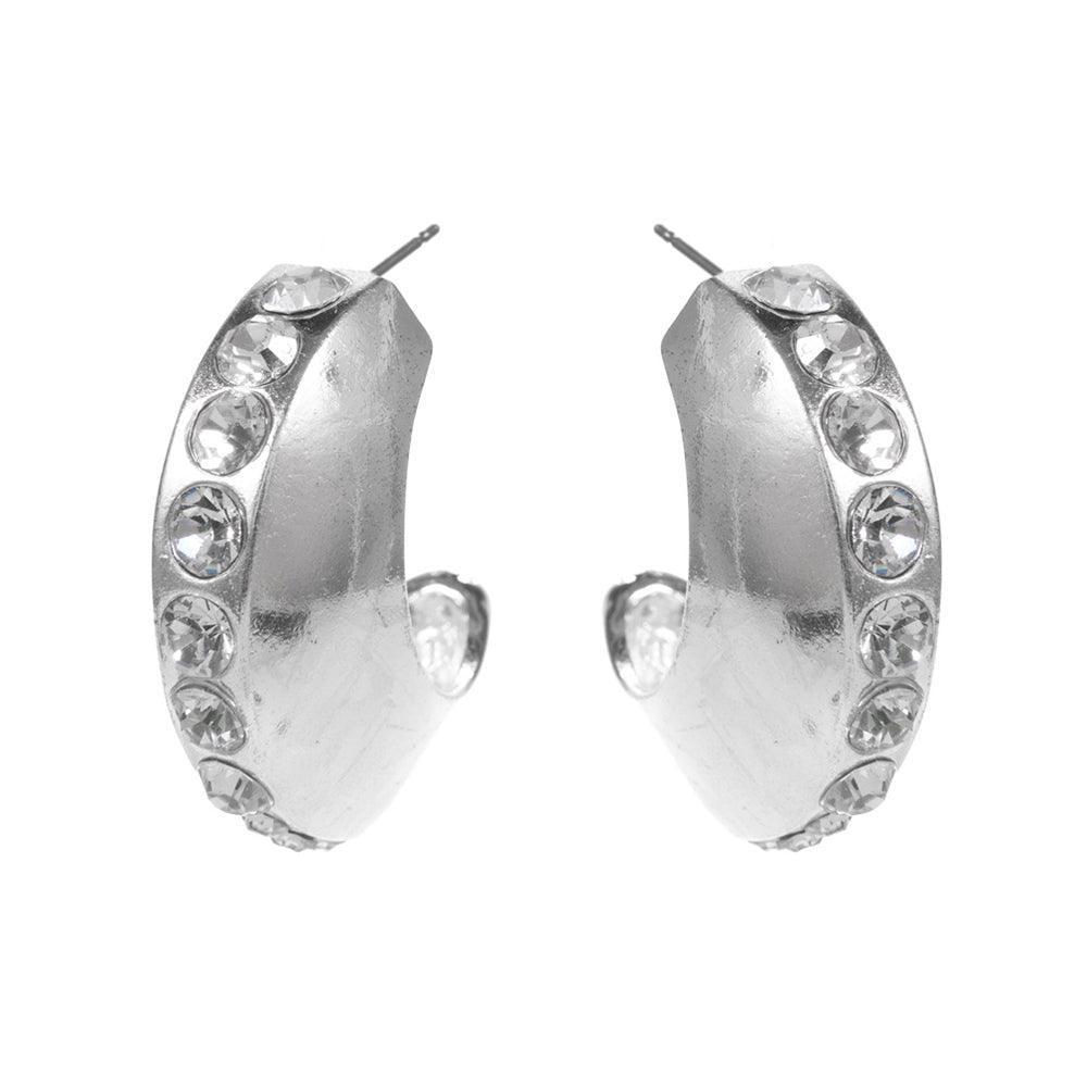 Clear Center Rhinestone Line Accented Chunky Crescent Hoop Earrings - Jewelry Store by Erik Rayo