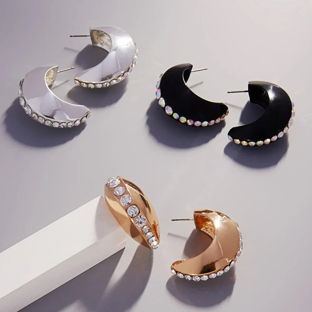 Clear Center Rhinestone Line Accented Chunky Crescent Hoop Earrings - Jewelry Store by Erik Rayo